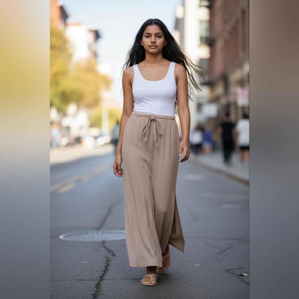 Soul Cake Women's Lightweight Classic Maxi Skirt Tan W Slit Size S EUC